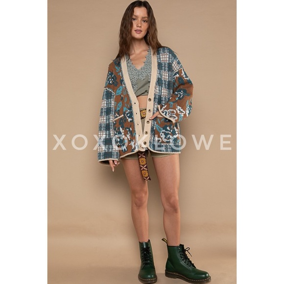 POL Choco Blue Floral Plaid Berber Fleece Button Down Cardigan - Picture 6 of 16